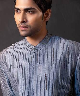 Grey black embroidered linen satin bandhgala and pant 3
