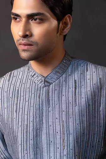 Grey black embroidered linen satin bandhgala and pant