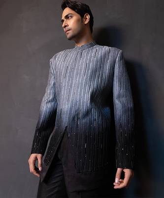 Grey black embroidered linen satin bandhgala and pant 4