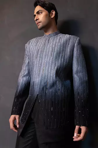 Grey black embroidered linen satin bandhgala and pant
