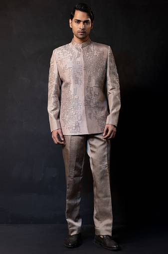Champagne beige embroidered linen satin bandhgala and pant