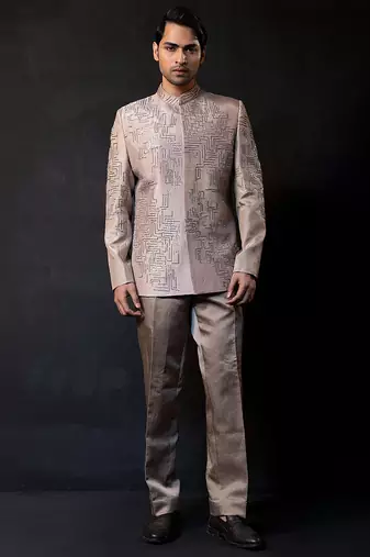 Champagne beige embroidered linen satin bandhgala and pant