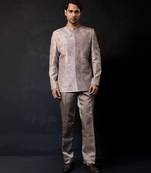 Champagne beige embroidered linen satin bandhgala and pant