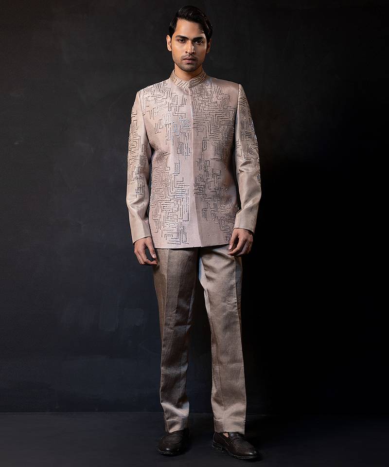 Champagne beige embroidered linen satin bandhgala and pant