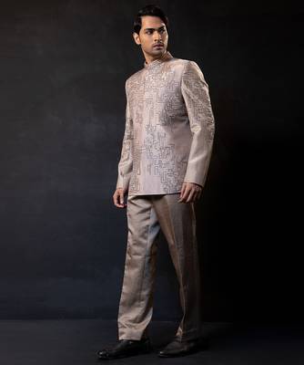 Champagne beige embroidered linen satin bandhgala and pant 2