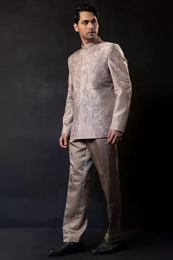 Champagne beige embroidered linen satin bandhgala and pant