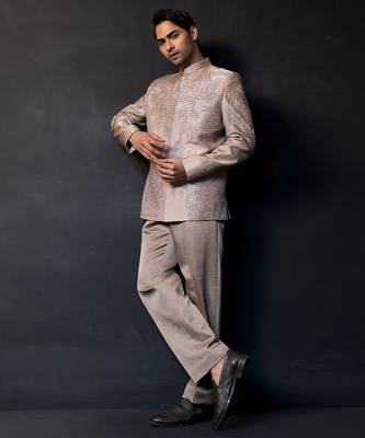 Champagne beige embroidered linen satin bandhgala and pant 3