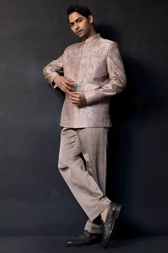 Champagne beige embroidered linen satin bandhgala and pant