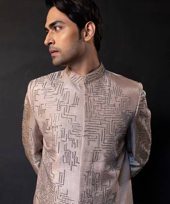 Champagne beige embroidered linen satin bandhgala and pant 4
