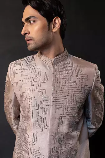 Champagne beige embroidered linen satin bandhgala and pant