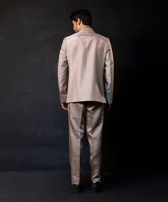 Champagne beige embroidered linen satin bandhgala and pant 5