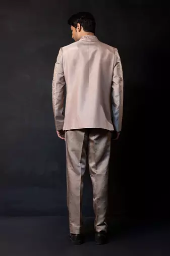 Champagne beige embroidered linen satin bandhgala and pant