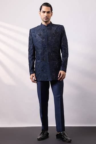 Navy blue embroidered linen satin bandhgala and pant