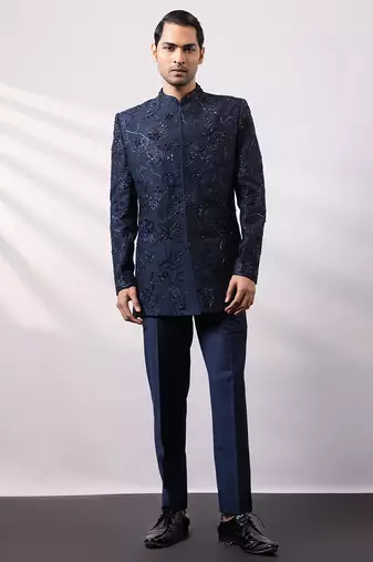 Navy blue embroidered linen satin bandhgala and pant