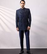 Navy blue embroidered linen satin bandhgala and pant
