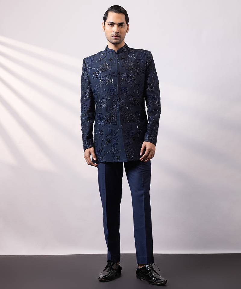Navy blue embroidered linen satin bandhgala and pant