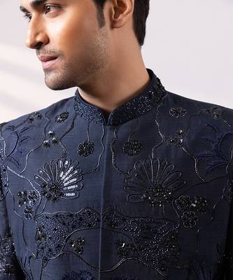 Navy blue embroidered linen satin bandhgala and pant 2