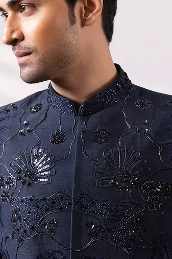 Navy blue embroidered linen satin bandhgala and pant