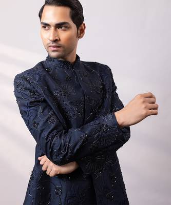 Navy blue embroidered linen satin bandhgala and pant 3