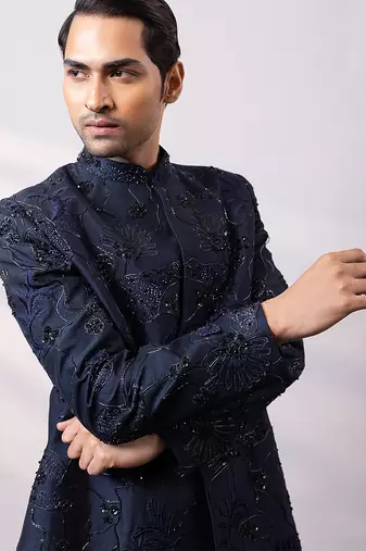 Navy blue embroidered linen satin bandhgala and pant