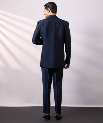Navy blue embroidered linen satin bandhgala and pant 4
