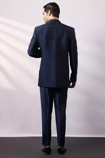 Navy blue embroidered linen satin bandhgala and pant