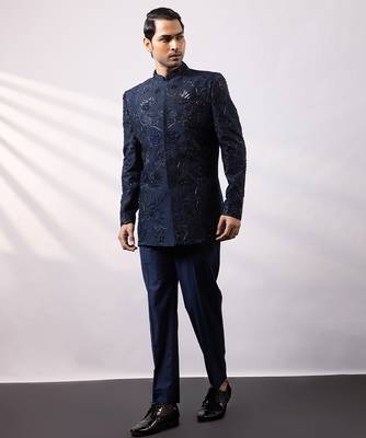 Navy blue embroidered linen satin bandhgala and pant 5