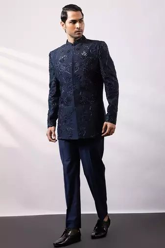 Navy blue embroidered linen satin bandhgala and pant