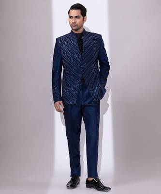 Navy blue embroidered linen satin bandhgala and pant 1