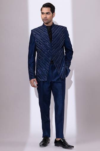 Navy blue embroidered linen satin bandhgala and pant