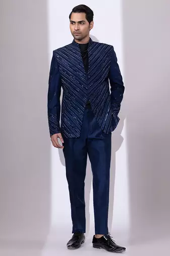 Navy blue embroidered linen satin bandhgala and pant