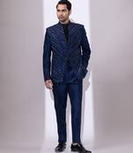 Navy blue embroidered linen satin bandhgala and pant