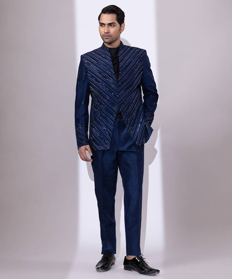 Navy blue embroidered linen satin bandhgala and pant