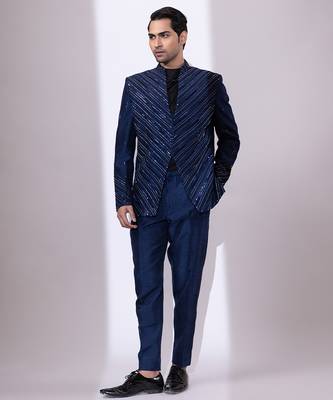 Navy blue embroidered linen satin bandhgala and pant 2