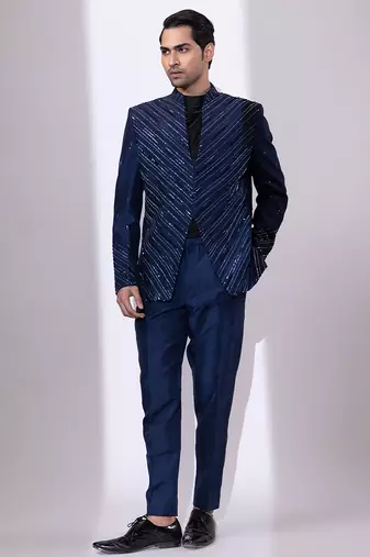 Navy blue embroidered linen satin bandhgala and pant