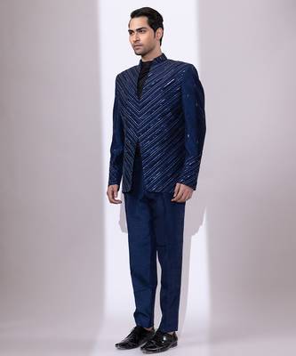 Navy blue embroidered linen satin bandhgala and pant 3