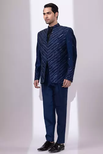 Navy blue embroidered linen satin bandhgala and pant