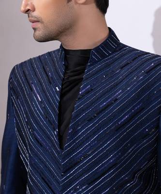 Navy blue embroidered linen satin bandhgala and pant 4
