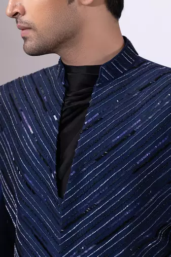 Navy blue embroidered linen satin bandhgala and pant