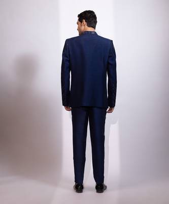 Navy blue embroidered linen satin bandhgala and pant 5