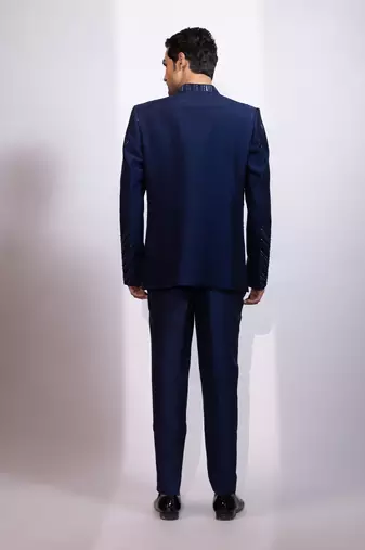 Navy blue embroidered linen satin bandhgala and pant