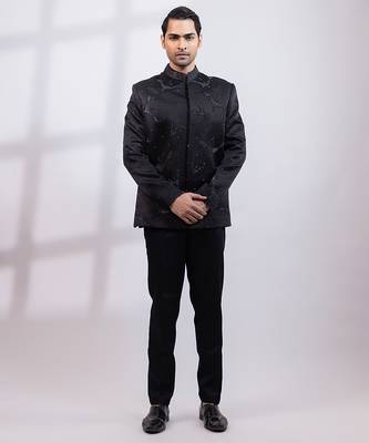 Black embroidered linen satin bandhgala and pant 1