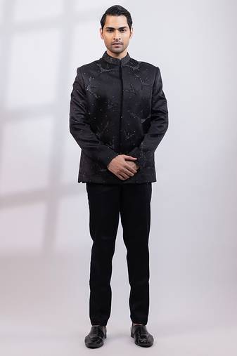 Black embroidered linen satin bandhgala and pant