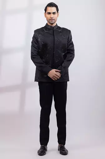 Black embroidered linen satin bandhgala and pant