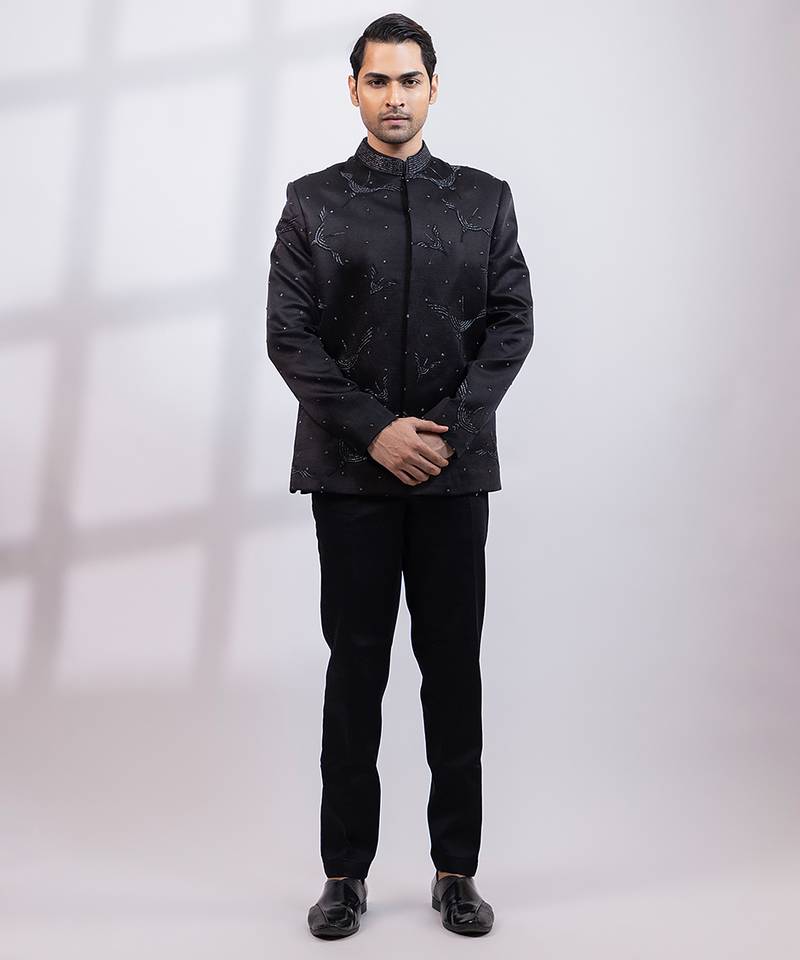 Black embroidered linen satin bandhgala and pant