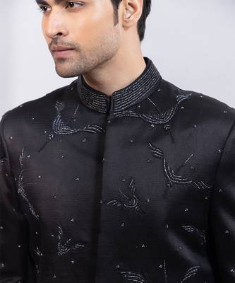 Black embroidered linen satin bandhgala and pant 2