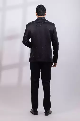 Black embroidered linen satin bandhgala and pant