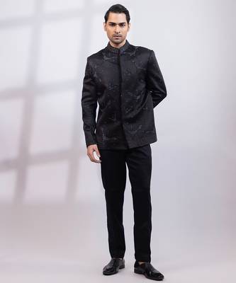 Black embroidered linen satin bandhgala and pant 4