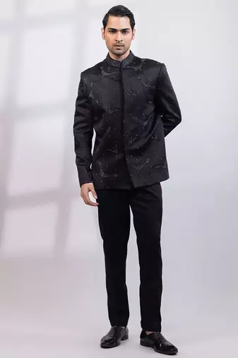Black embroidered linen satin bandhgala and pant