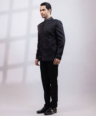 Black embroidered linen satin bandhgala and pant 5